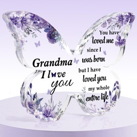 Mothers Day Gifts for Grandma Acrylic Plaque Purple Butterfly Shaped Decor for Grandma Grandmom Retirement Easter Birthday Christmas Thanksgiving Day Gift from Granddaughter Grandson Grandkids