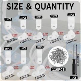 221 Piece Nylon Cable Clamps for Screwing Set, 8 Sizes, R-Type Cable Holder, Screwable, Thickened Cable Clamps, Cable Clamps with 110 Screws & Screwdriver for Cable Management (White)