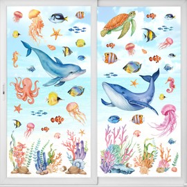 wondever Ocean Theme Animal Window Stickers Under The Sea Whale Fish Turtle Window Decals Anti Collision Double-Side Static Window Clings for Glass Windows Home