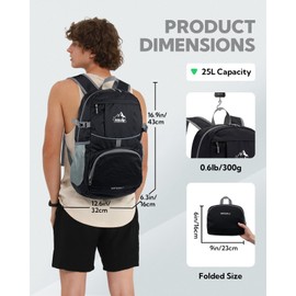 WATERFLY Hiking Foldable Daypack Backpack: 25L Ultra Lightweight Waterproof Day Pack for Woman Man - Small Compact Packable Folding Back Pack for Outdoor Sport Cycling Biking Travel Trip - Black