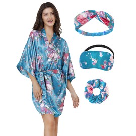 EPLAZA Women Floral Satin Robe Bridal Dressing Gown Wedding Bride Bridesmaid Kimono Sleepwear (Acid blue, Small-Medium)