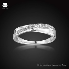 Amberta Women's Sterling Silver Cubic Zirconia Crystal Crossed Wedding Ring Spiral Design, Sterling Silver, Cubic Zirconia