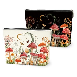 HZMLYDJ 2 PCs Floral Mushroom Makeup Bag Mushroom Gifts Cosmetic Bag, Mushroom Stuff mushroom bag, Mushroom Gift for Women Girls Friends Coworkers Christmas birthday Gifts Botanical Zipper Pouch