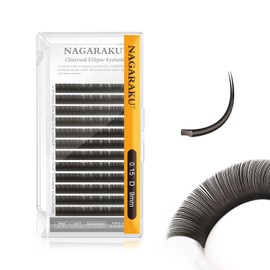 NAGARAKU Ellipse Flat Eyelash Extension Professional Double Split Tip Individual False Eyelashes for 1:1 Eyelash Extensions U-Shaped Design Charcoal Soft 12 Rows (0.15 mm D Curl 9 mm)