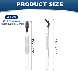 PATIKIL Craft Tweezers with Rubber Tips, 4 Pcs PVC Coated Tweezers Set Long Stainless Steel Bent Straight Flat Tip for Stamp Sticker Crafts Beads Jewelry Tools, Black 5.9" 6.1"