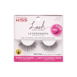 KISS Lash Couture LuXtensions Collection False Eyelashes, Flat Lash Technology, Super Slim Lash Band, Real Lash Extension Fibers, Reusable, Style ‘Black Swan', 12mm, 1 Pair Strip Lashes