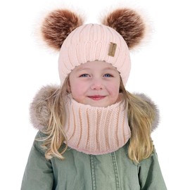 Simplicity Fleece Lined Toddler Girl Hat Pom Pom Kids Beanie and Scarf Set Winter Warm Knit Beanie Hat Cap and Gaiter Set Winter Hats for Girls with Scarf, Light Pink