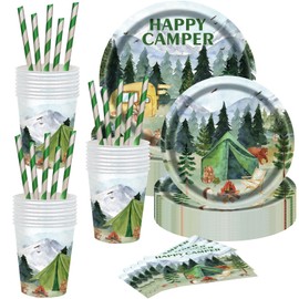 Camping Party Supplies, 9in 7in Camping Party Plates Napkins Cups Straws Camping Party Tableware for 16 Guests Camping Baby Shower Birthday Party Decoration