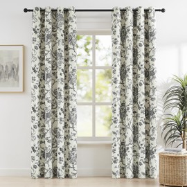 Melodieux Vintage Floral Blackout Curtains 84 Inches Long for Living Room, Bedroom Farmhouse French Country Drapes Cotton Thermal Insulated Grommet Toile Curtains, 52 by 84 in, Black Onyx, 2 Panels