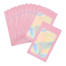 PATIKIL 5 x 8 Inch Holographic Packaging Bags, 100 Pcs Clear Window Resealable Food Storage Smell Proof Foil Pouch Bag for Small Business Party Favor Candy Jewelry, Pink