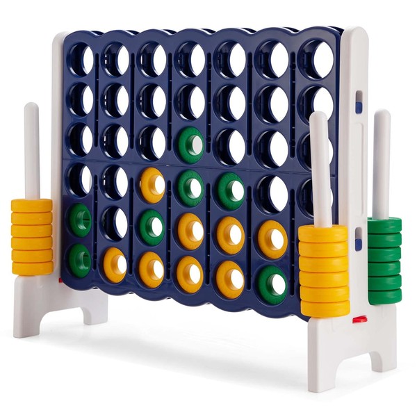 KOTEK Giant 4-in-a-Row Game, 3.5 Feet Tall Jumbo 4-to-Score Family Fun Game w/Quick-Release Sliders & 42 Large Rings, Oversized Connect Plastic Yard Game Outdoor for Kids & Adults (Dark Blue+White)