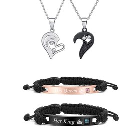 Ailiessy Matching Love Heart Necklace Bracelet Set Two Souls One Heart Matching Bracelet Necklace Set for Women Men Couple Costume Jewelry 4Pcs Set, Metal, Rhinestone