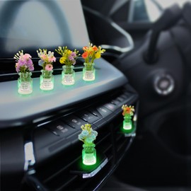 6 PCS Luminous Glass Flower Bottle Car Ornaments, Cute Flower Pots Rear View Mirror & Dashboard Decorations, Charm Automotive Accessories for Women Men