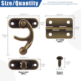 Glarks 20 Sets Antique Right Latch Hook Hasp Horn Lock Metal Swing Lock Clasp and 40Pcs Small Box Hinges with Replacement Screws for DIY Wood Jewelry Box Decoration (Bronze)