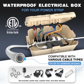 Flemoon Outdoor Electrical Box Waterproof, IP54 Waterproof Extension Cord Cover, Protect Outlet, Plug, Socket, Timer, Power Strip, Holiday Light, Large Weatherproof Connection Box, Almond