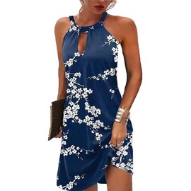 Kubsid Size M Blue Plum Flower Halter Dresses for Women 2025 Casual Floral Print Summer Dresses Hollow Out A-line Sundresses for Beach Vacation Holiday