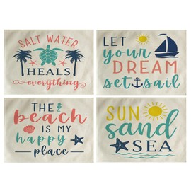 4Pack Beach Theme Placemats Watercolor Nautical & Ocean Style Summer Holiday Table Mats Waterproof Heat Resistant Washable Non-Slip Place Mats for Dinner Room Kitchen Decor Table 12”×16”(Colorful)