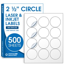 2.5" Circle Printable Labels Compatible with Inkjet and Laser Printers - 500 Sheets, 6000 Matte White Round Stickers for Product Labeling, Packaging, Organization - Spartan Industrial