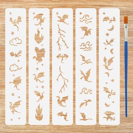FINGERINSPIRE 5PCS Dragon Flame Painting Stencils with Brush 2x11inch Plastic PET Flying Dragon Drawing Template Hollowed Flame Cloud Wave Pattern Stencil Animal Theme Template for Painting on Wood