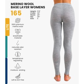 Merino Wool Base Layer Women Pants 100% Merino Wool Leggings Heavyweight, Midweight, Lite Thermal Underwear Bottom and Socks (Small, 165 Heathered Grey)
