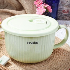 BOSILI Green Ceramic Ramen Bowl with Handle and Lid, 820ml/28oz Capacity, Microwave & Dishwasher Safe (ls)