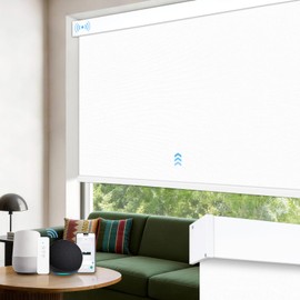 Motorized Roller Blinds with Remote, Cordless Automatic Smart Blackout Blinds, Motorized Roller Shades for Indoor Windows, Compatible with Alexa Google (Fabric White, 32" W x 72" H)