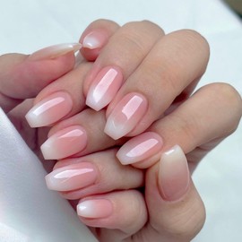 KQueenest Ombre Press on Nails Short Medium Coffin, French Tip False Nails Short Ballerina, Gradient White Baby Pink Fake Nails Press ons, Perfectly Fit, Reusable Gel Stick on Nail for Women 24 Pcs