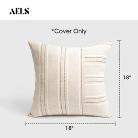 AELS 18x18 Decorative Farmhouse Linen Throw Pillow Covers, Boho Textured Pillow Case, Set of 2, Beige with White & Brown Stripe Patchwork Cushion Cover for Sofa Couch Living Room (Cover ONLY)