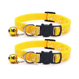 Reflective Cat Collars Breakaway with Bell 2-Pack Girl Boy Pet Kitten Collar with Star Moon Patetrn Adjustable 7.5-12.5 Inch (Yellow)