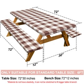 Picnic Table Cover with Bench Covers 6FT 3 Pcs Waterproof Windproof Aesthetic Camping Tablecloth with Drawstring Bag, Fitted for 6 Foot Rectangle Tables and Seats, 72 inch, Brown Checkered
