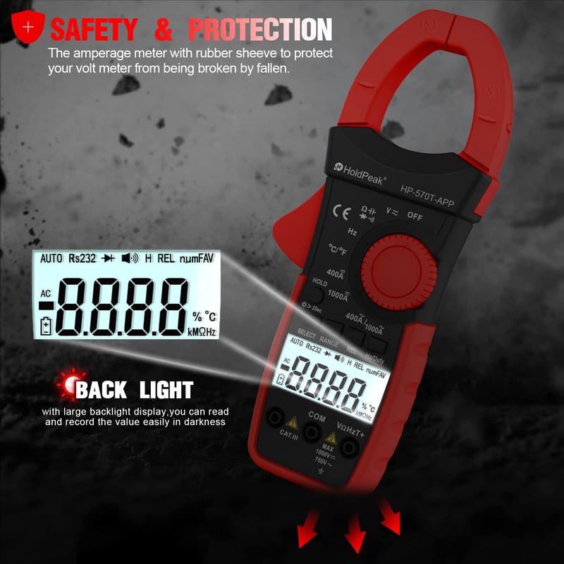 HOLDPEAK Handheld Clamp Meter with Bluetooth via APP, HP-570T-APP Digital