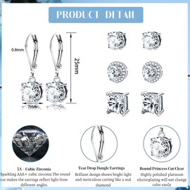 YADOCA 4/6 Pairs Silver Dangle Earrings for Women CZ Dangle Earrings Set Hypoallergenic Round Square Teardrop Cubic Zirconia Leverback Earrings Jewelry Gifts for Women Girl