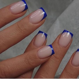 SXVME 30 uñas postizas acrílicas de punta francesa azul real, cortas y cuadradas, con pegamento para mujeres, en 15 tamaños.