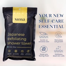 Sima Brand Exfoliating Washcloth Face & Body Scrub Towel - Japanese Exfoliating Towel with Hexagon Fibers, Body Scrubber with 2 Sides for Scrubbing & Washing, Extra Long Body Towels (Blue)