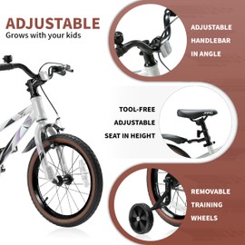 JMMD Kids Bike for Ages 4-12 Years Old Boys Girls, 14 16 18 Inch Kids Bike with Training Wheels & Kickstand, Kids Bicycle for Toddlers and Kids with Handbrake (18 silverpurple)