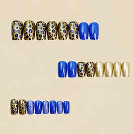 Medium Press on Nails Square Fake Nails with Blue Leopard Print Designs Glossy Acrylic Nail Tips Gold Glitter False Nails Glue on Nails Reusable Full Cover Stick on Nail for Women 24Pcs