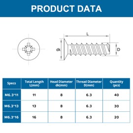 VooGenzek 90 PCS M6.3 Euro Screws Kit, Countersunk Head Furniture Screws, Screws for Drawer Rails, for Kitchen Cabinets Doors Wardrobes, Cupboard Hinges