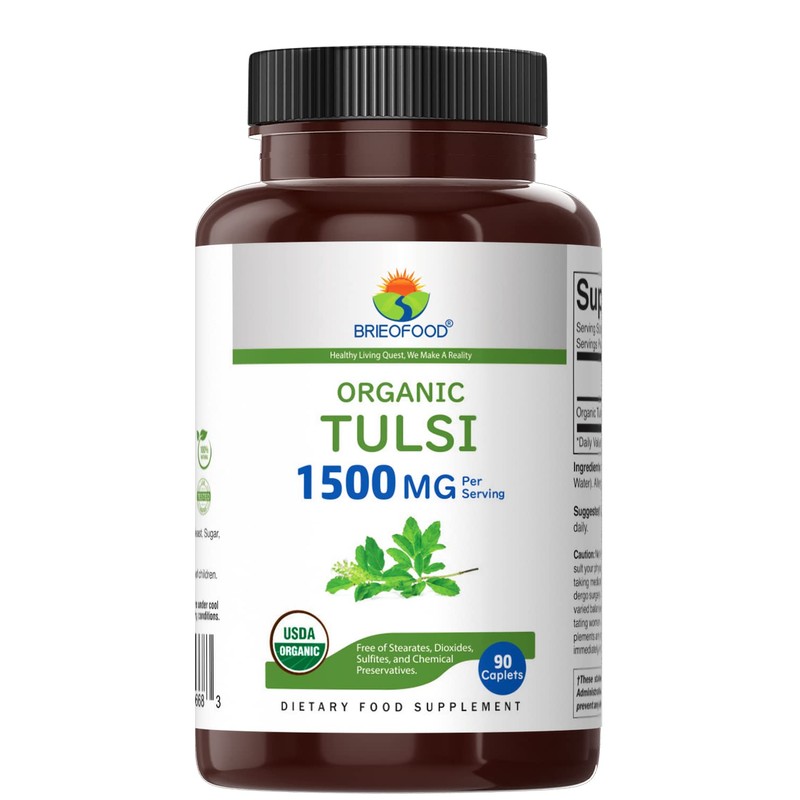 Brieofood Organic Tulsi (Holy Basil) 1500mg, 45 Servings, Vegetarian, Gluten