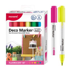 MONAMI Deco Marker 460, Bullet Tip (2.0mm), Water-Based Acrylic Paint Markers for Home Decorations, Arts, Crafts, Fluorescent 6-Pack (F-Red, F-Orange, F-Pink, F-Green, F-Yellow, F-Blue)