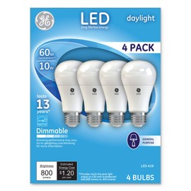 GE Lighting LED Standard Light Bulbs, 10 Watts (60 Watt Equivalent) Daylight, Medium Base, Dimmable (4 Pack)