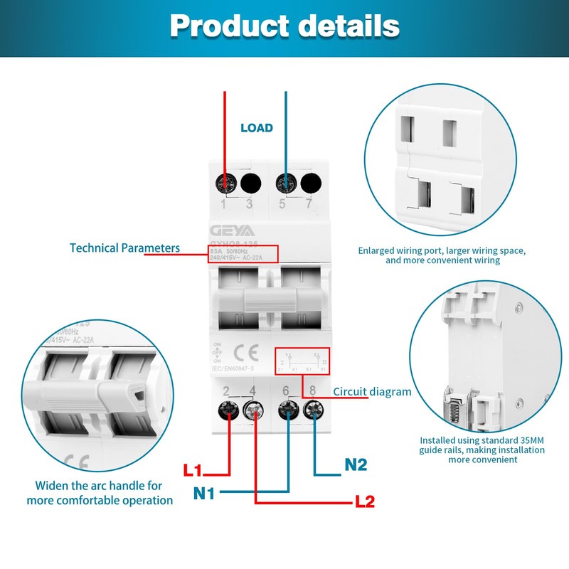 GEYA Switch 2P 63A Load Disconnect Dual Power Manual Transfer