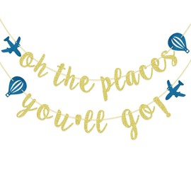 Oh The Places You'll Go Banner, baby shower, cumpleaños, pancarta de graduación, pancarta de fieltro inspirada en Dr. Seuss (dorado y azul)