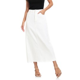 MISS MOLY Women's Jean Skirt Stretch High Waisted Frayed Raw Hem A Line Denim Midi Skirt with Pockets White S