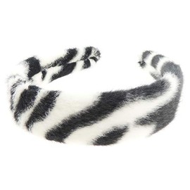 Ladies Wide Animal Zebra Tiger Print Soft Faux Fur Fabric Winter Headband Alice Band (Black)