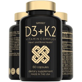 SuperSelf Vitamin D3 K2 Capsules - Vitamin D3 5000 IU and Vitamin K MK7 100mcg - 60 Capsules - USA Made Vegetarian Vitamin D Supplement - High Strength VIT D for Bones, Muscle, Teeth, Immune System