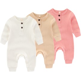Newborn Baby Boys Girls One Piece Romper With Mitten Cuffs 3 Pack Long Sleeve Ribbed Button Jumpsuit Outfit Clothes white+apricot+pink 9 months