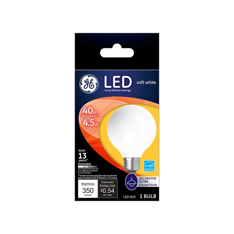 GE Dimmable LED Light Bulb, Frosted Decorative G25 Globe Light