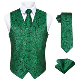 Enlision Men's Paisley Waistcoat Floral Patterned Necktie Pocket Square for Men Wedding Party Vest Suit Set Green 3XL