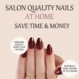 Press On Nails Short Almond Dark Red Nails with Glossy French Tips in a Matte Finish 16 Sizes - 32 Nail Kit with Glue