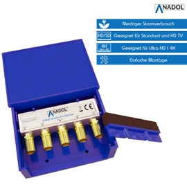Anadol 4/1 DiseqC Switch 2.0, Switch for Satellite Dish, for Receiving 4 Satellites for 1 Subscriber, Weather Protection Housing, HDTV, LNB Switch + 5x F-Connector + Cable Ties + Dowel Screws